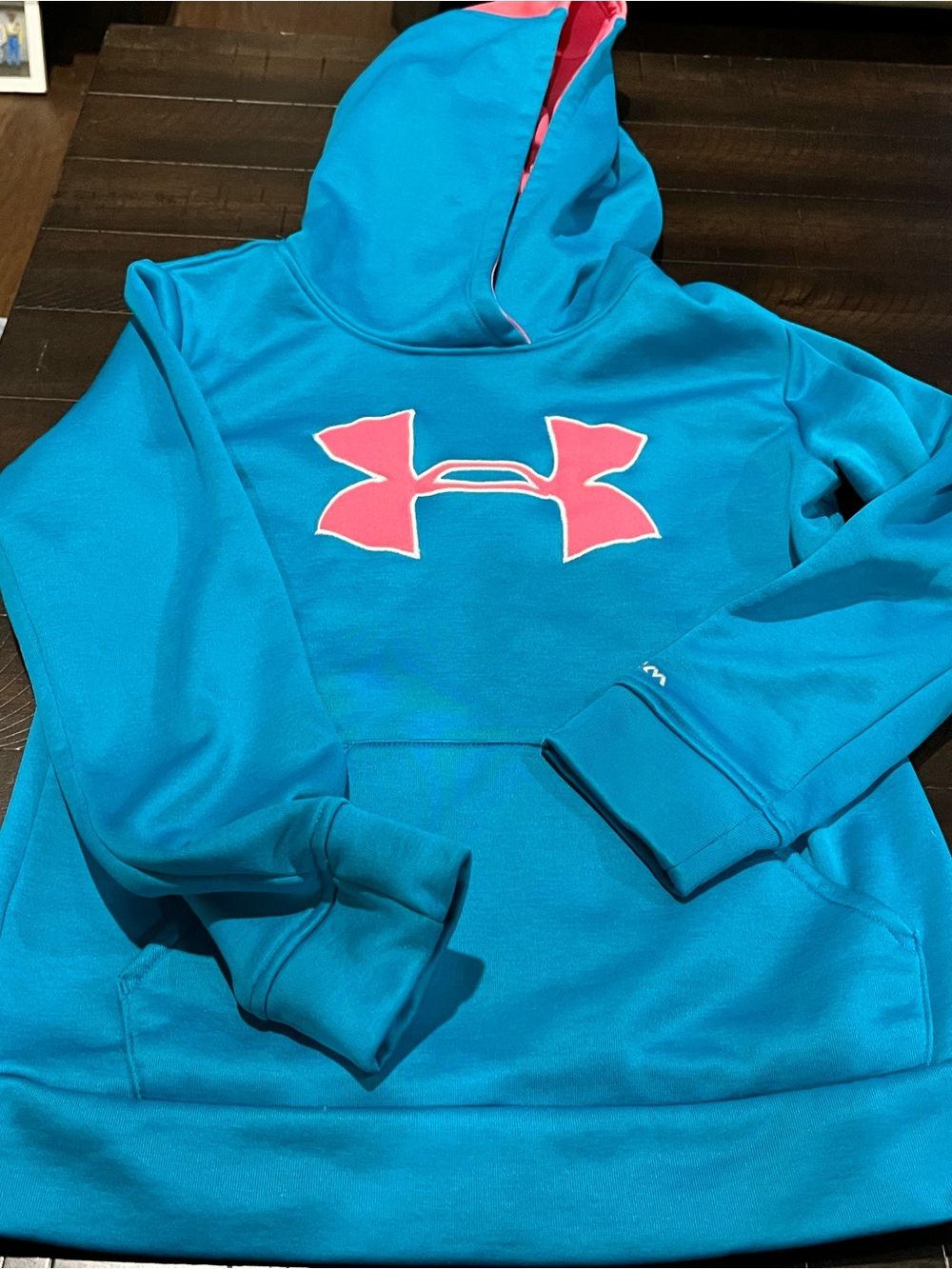 Under Armour Turquoise Hoodie with Pink Logo kids youth small